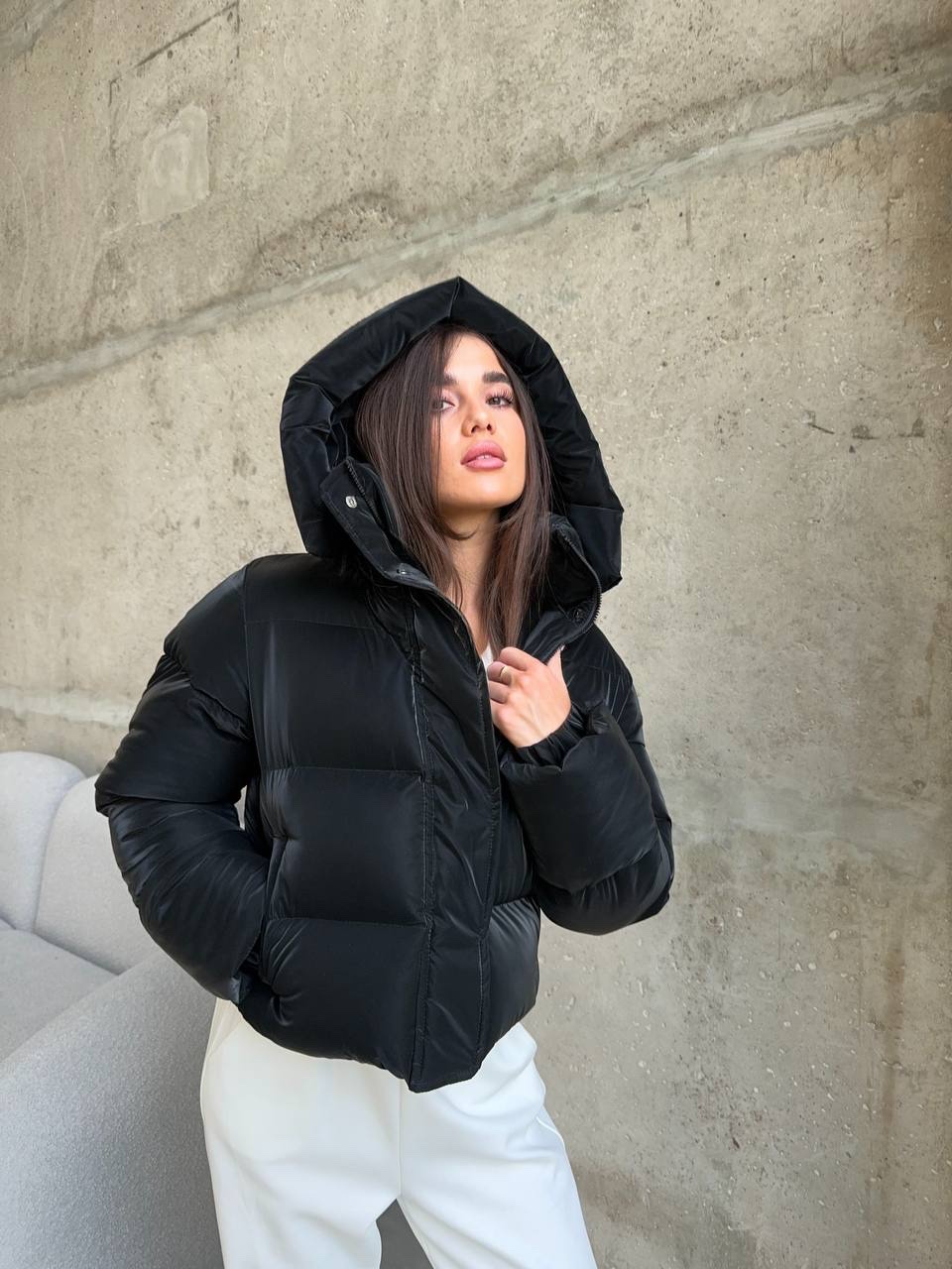 Матовий укорочений пуховик “Glossy” з блиском